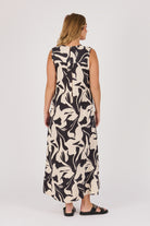 Ellis & Dewey Sleeveless V-Neck Maxi Dress in Ecru and Black Swirl – lightweight viscose summer maxi dress with abstract print, designed in Geelong Australia.