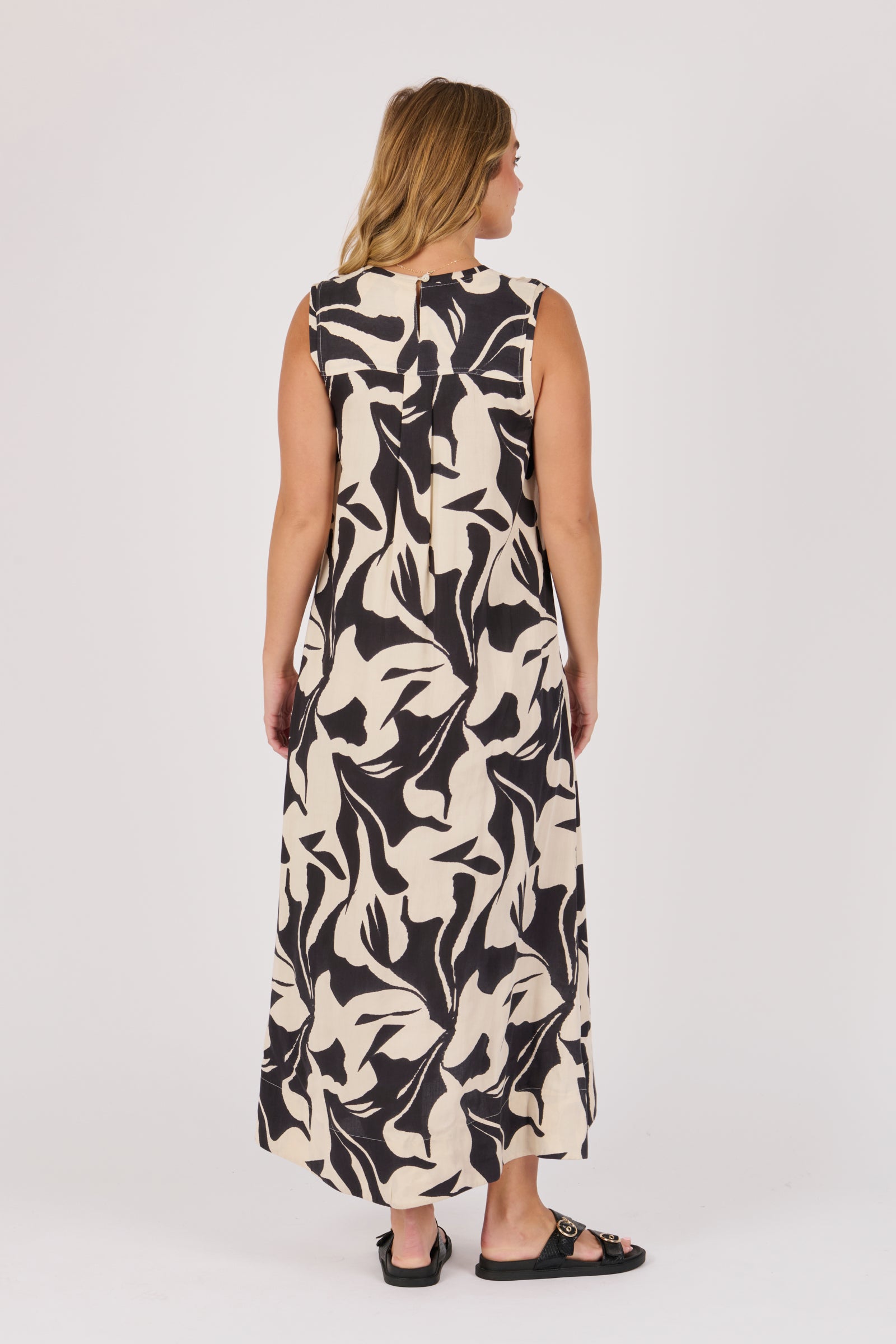 Ellis & Dewey Sleeveless V-Neck Maxi Dress in Ecru and Black Swirl – lightweight viscose summer maxi dress with abstract print, designed in Geelong Australia.