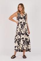 Ellis & Dewey Sleeveless V-Neck Maxi Dress in Ecru and Black Swirl – lightweight viscose summer maxi dress with abstract print, designed in Geelong Australia.