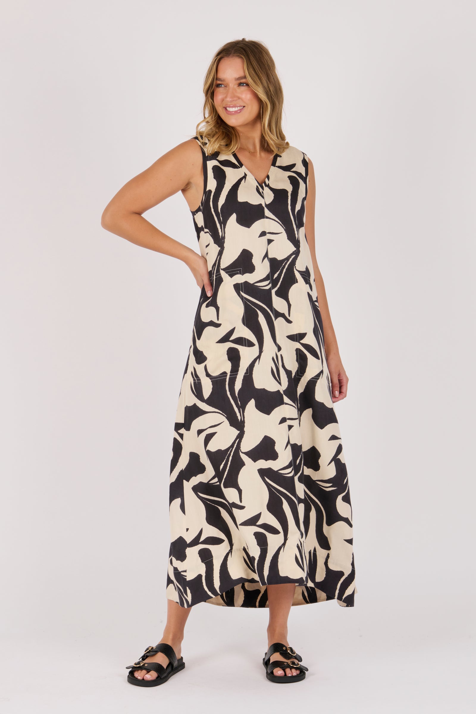 Ellis & Dewey Sleeveless V-Neck Maxi Dress in Ecru and Black Swirl – lightweight viscose summer maxi dress with abstract print, designed in Geelong Australia.