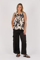 Ellis & Dewey Lapel Feature Tank in Ecru and Black Swirl – viscose satin twill sleeveless top with lapel neckline and abstract print, designed in Geelong Australia.