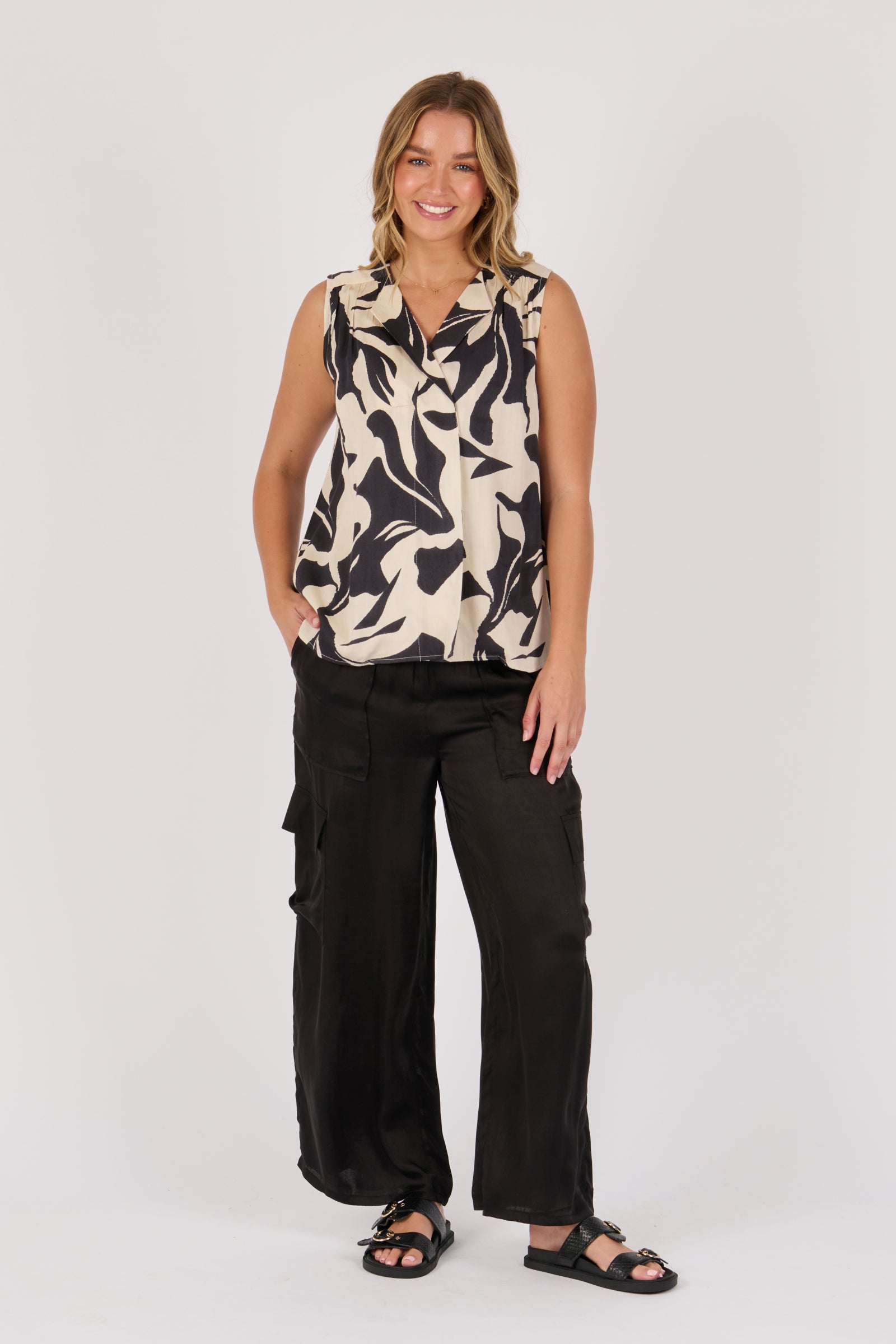 Ellis & Dewey Lapel Feature Tank in Ecru and Black Swirl – viscose satin twill sleeveless top with lapel neckline and abstract print, designed in Geelong Australia.