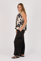 Ellis & Dewey Lapel Feature Tank in Ecru and Black Swirl – viscose satin twill sleeveless top with lapel neckline and abstract print, designed in Geelong Australia.