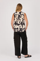 Ellis & Dewey Lapel Feature Tank in Ecru and Black Swirl – viscose satin twill sleeveless top with lapel neckline and abstract print, designed in Geelong Australia.