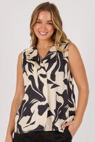 Ellis & Dewey Lapel Feature Tank in Ecru and Black Swirl – viscose satin twill sleeveless top with lapel neckline and abstract print, designed in Geelong Australia.