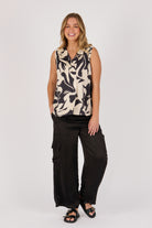 Ellis & Dewey Lapel Feature Tank in Ecru and Black Swirl – viscose satin twill sleeveless top with lapel neckline and abstract print, designed in Geelong Australia.