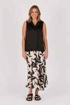 Ellis & Dewey Lapel Feature Tank in Black – viscose bambra satin sleeveless top with soft lapel neckline and relaxed drape, designed in Geelong Australia.