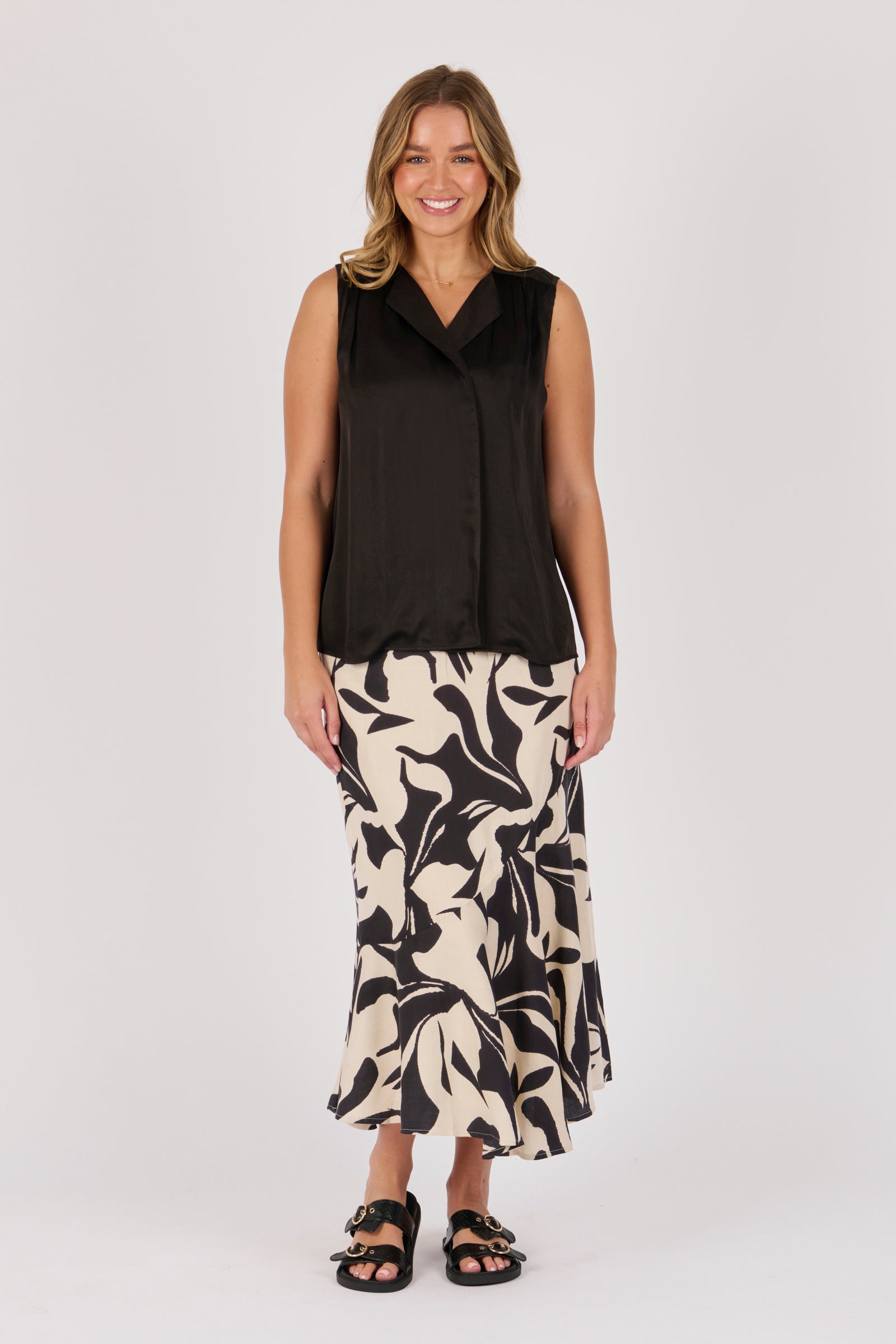 Ellis & Dewey Lapel Feature Tank in Black – viscose bambra satin sleeveless top with soft lapel neckline and relaxed drape, designed in Geelong Australia.