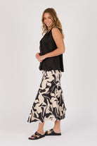 Ellis & Dewey Lapel Feature Tank in Black – viscose bambra satin sleeveless top with soft lapel neckline and relaxed drape, designed in Geelong Australia.