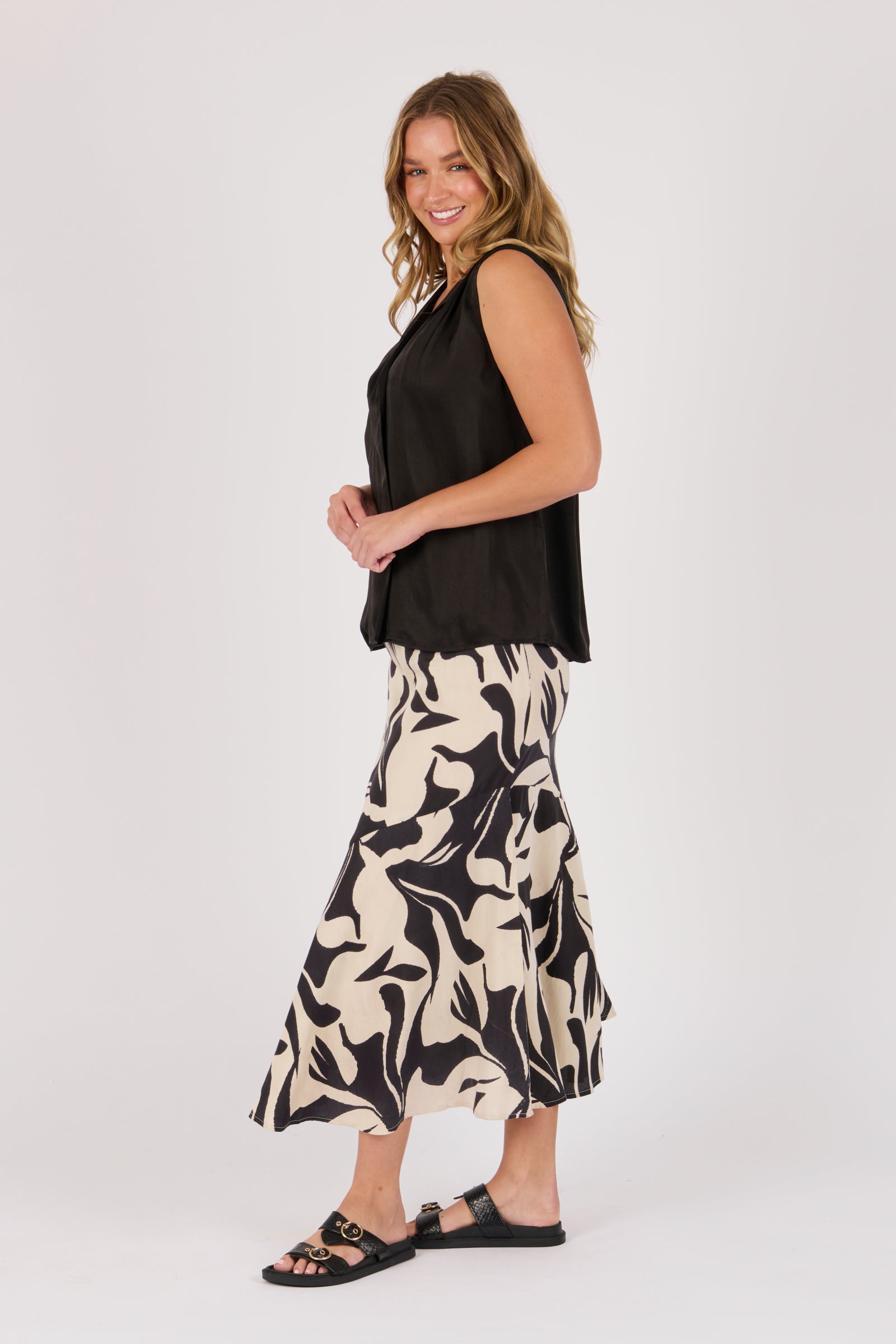 Ellis & Dewey Lapel Feature Tank in Black – viscose bambra satin sleeveless top with soft lapel neckline and relaxed drape, designed in Geelong Australia.