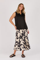 Ellis & Dewey Lapel Feature Tank in Black – viscose bambra satin sleeveless top with soft lapel neckline and relaxed drape, designed in Geelong Australia.