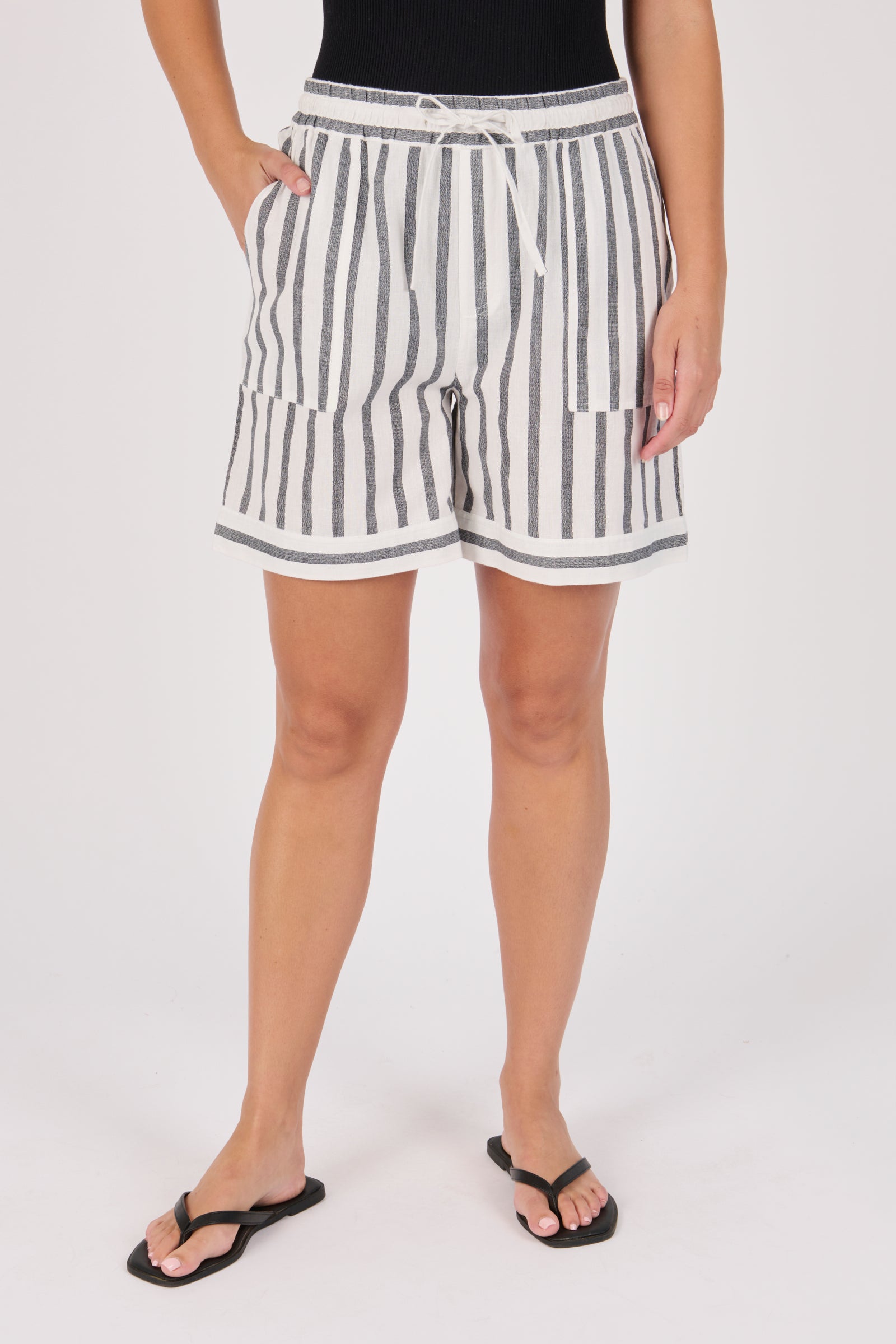 Ellis & Dewey Drawstring Short in Black and White Stripe, cotton-flex relaxed fit short with elastic waistband, drawstring tie, and front patch pockets.