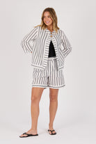 Ellis & Dewey Curved Hem Jacket in Black and White Stripe – linen cotton open-front jacket with wooden buttons and curved hemline, designed in Geelong Australia.