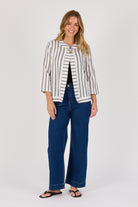 Ellis & Dewey Curved Hem Jacket in Black and White Stripe – linen cotton open-front jacket with wooden buttons and curved hemline, designed in Geelong Australia.