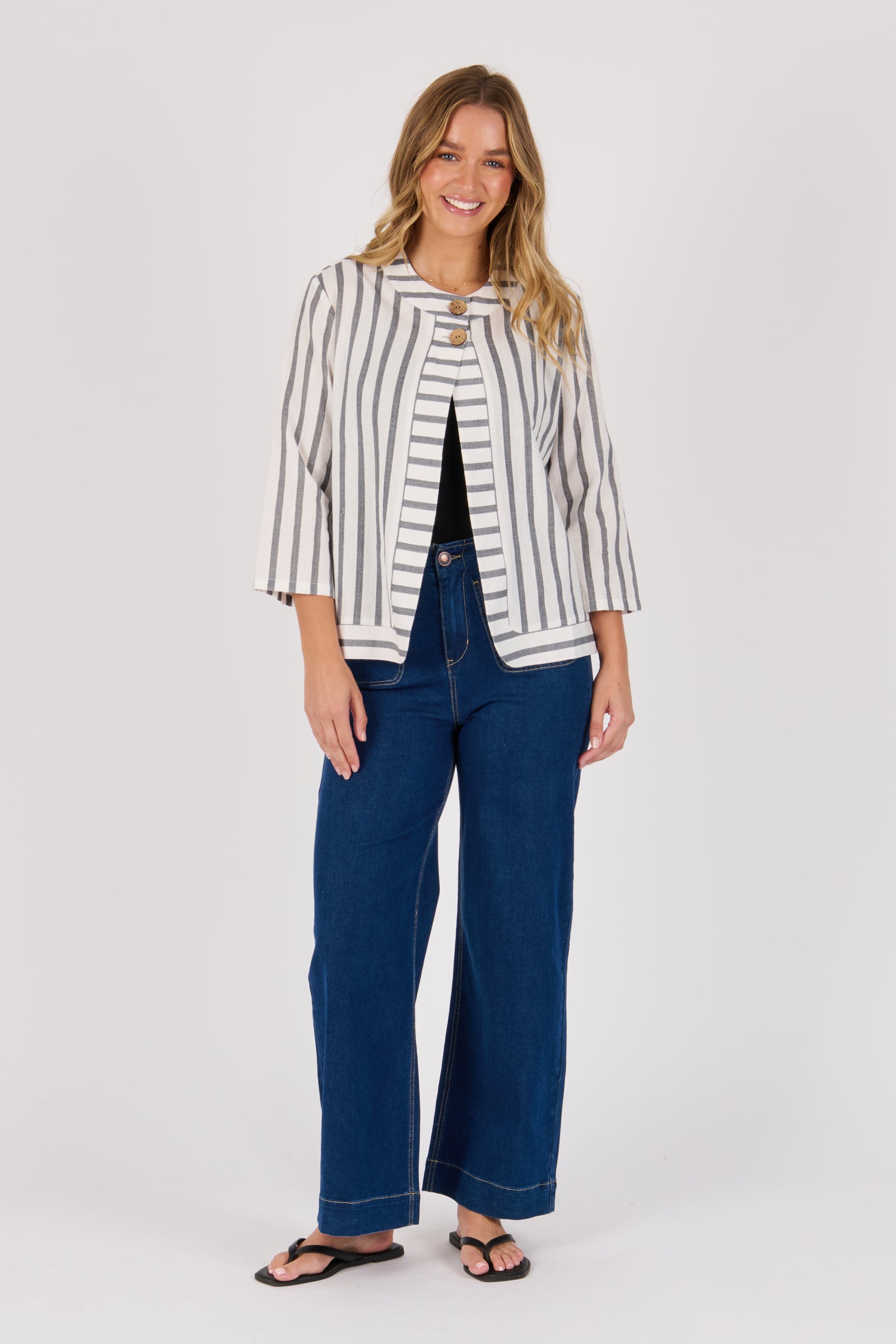 Ellis & Dewey Curved Hem Jacket in Black and White Stripe – linen cotton open-front jacket with wooden buttons and curved hemline, designed in Geelong Australia.