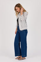 Ellis & Dewey Curved Hem Jacket in Black and White Stripe – linen cotton open-front jacket with wooden buttons and curved hemline, designed in Geelong Australia.