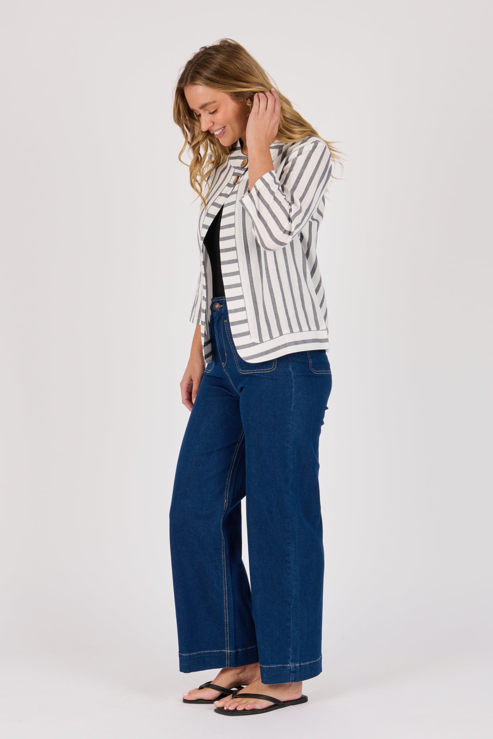 Ellis & Dewey Curved Hem Jacket in Black and White Stripe – linen cotton open-front jacket with wooden buttons and curved hemline, designed in Geelong Australia.