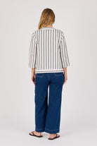 Ellis & Dewey Curved Hem Jacket in Black and White Stripe – linen cotton open-front jacket with wooden buttons and curved hemline, designed in Geelong Australia.