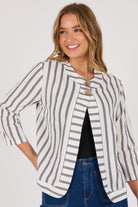 Ellis & Dewey Curved Hem Jacket in Black and White Stripe – linen cotton open-front jacket with wooden buttons and curved hemline, designed in Geelong Australia.