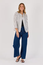 Ellis & Dewey Curved Hem Jacket in Black and White Stripe – linen cotton open-front jacket with wooden buttons and curved hemline, designed in Geelong Australia.