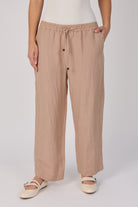 Ellis & Dewey Relaxed Drawcord Pant in Taupe – linen lyocell straight-leg pant with elastic waistband, drawcord tie, and side pockets, designed in Geelong Australia.
