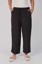 Ellis & Dewey Relaxed Drawcord Pant in Ink – linen lyocell straight-leg pant with elastic waistband, drawcord tie, and pockets, designed in Geelong Australia.