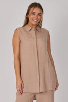 Ellis & Dewey Sleeveless Button Through Top in Taupe – linen lyocell sleeveless top with concealed button placket, collared neckline, and front pockets, designed in Geelong Australia.