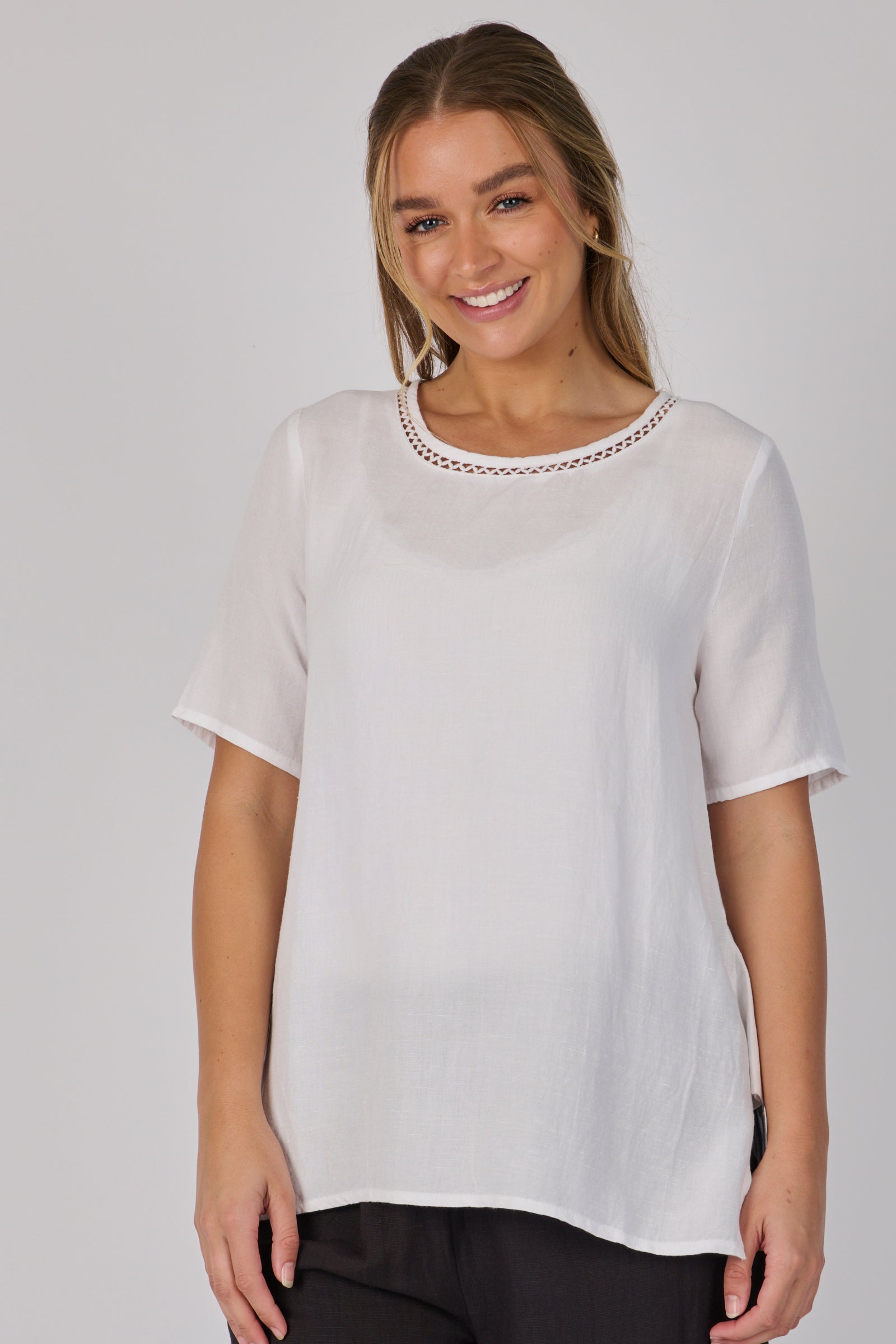 Ellis & Dewey Pleat Back Detail Top in White – linen lyocell short-sleeve top with ladder-trim neckline, pleated back and relaxed silhouette, designed in Geelong Australia.