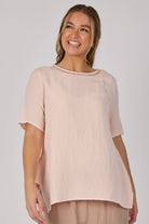Ellis & Dewey Pleat Back Detail Top in Blush – linen lyocell short-sleeve top with ladder trim neckline, pleated back and relaxed silhouette, designed in Geelong Australia.