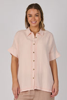 Ellis & Dewey Collared Relaxed Shirt in Blush – linen lyocell button-through shirt with ladder-lace detailing, cuff sleeves and relaxed silhouette, designed in Geelong Australia.