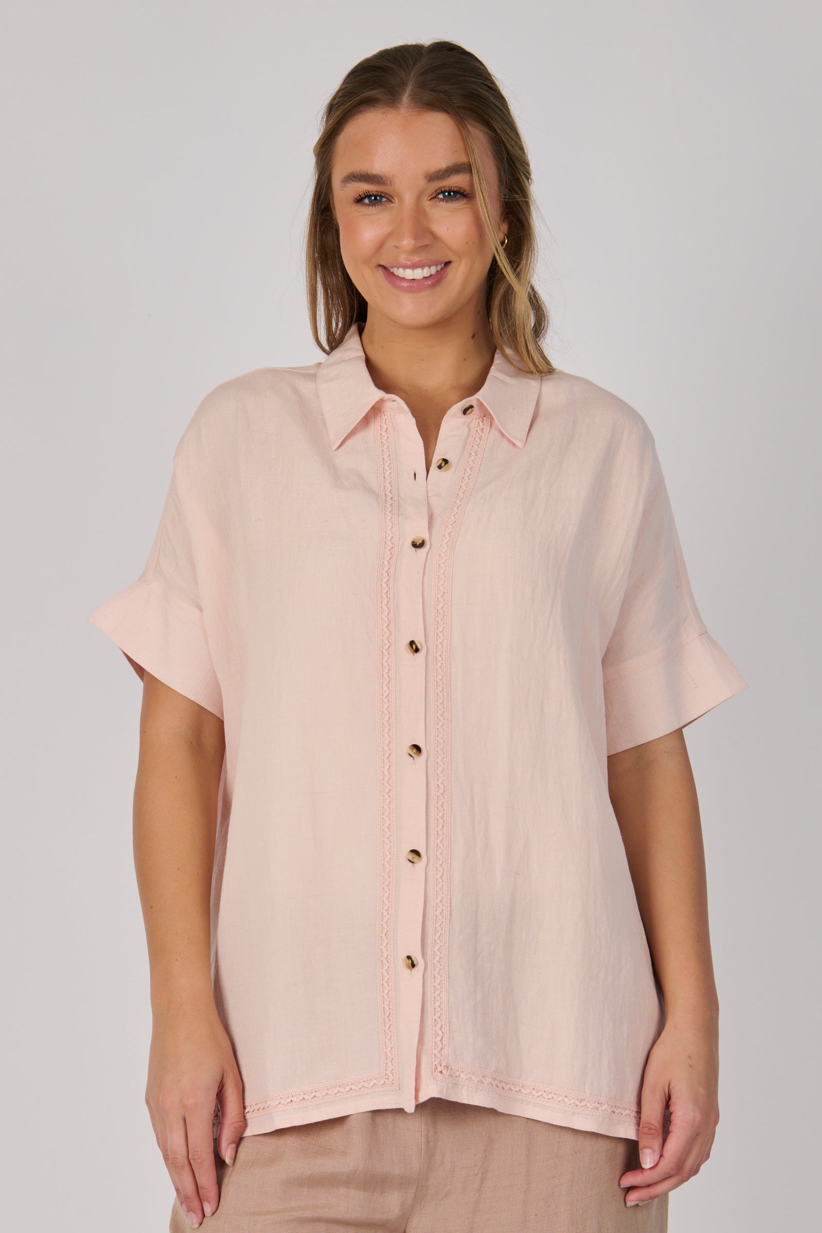Ellis & Dewey Collared Relaxed Shirt in Blush – linen lyocell button-through shirt with ladder-lace detailing, cuff sleeves and relaxed silhouette, designed in Geelong Australia.