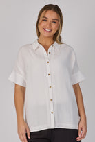 Ellis & Dewey Collared Relaxed Shirt in White – linen lyocell button-through shirt with short cuff sleeves, ladder-lace detailing and relaxed silhouette, designed in Geelong Australia.