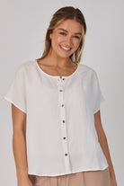 Ellis & Dewey Button Through Shell Blouse in White – linen lyocell short sleeve button-through blouse with shell buttons and relaxed silhouette, designed in Geelong Australia.