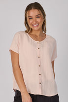 Ellis & Dewey Button Through Shell Blouse in Blush – linen lyocell short sleeve button-through blouse with shell buttons and relaxed fit, designed in Geelong Australia.