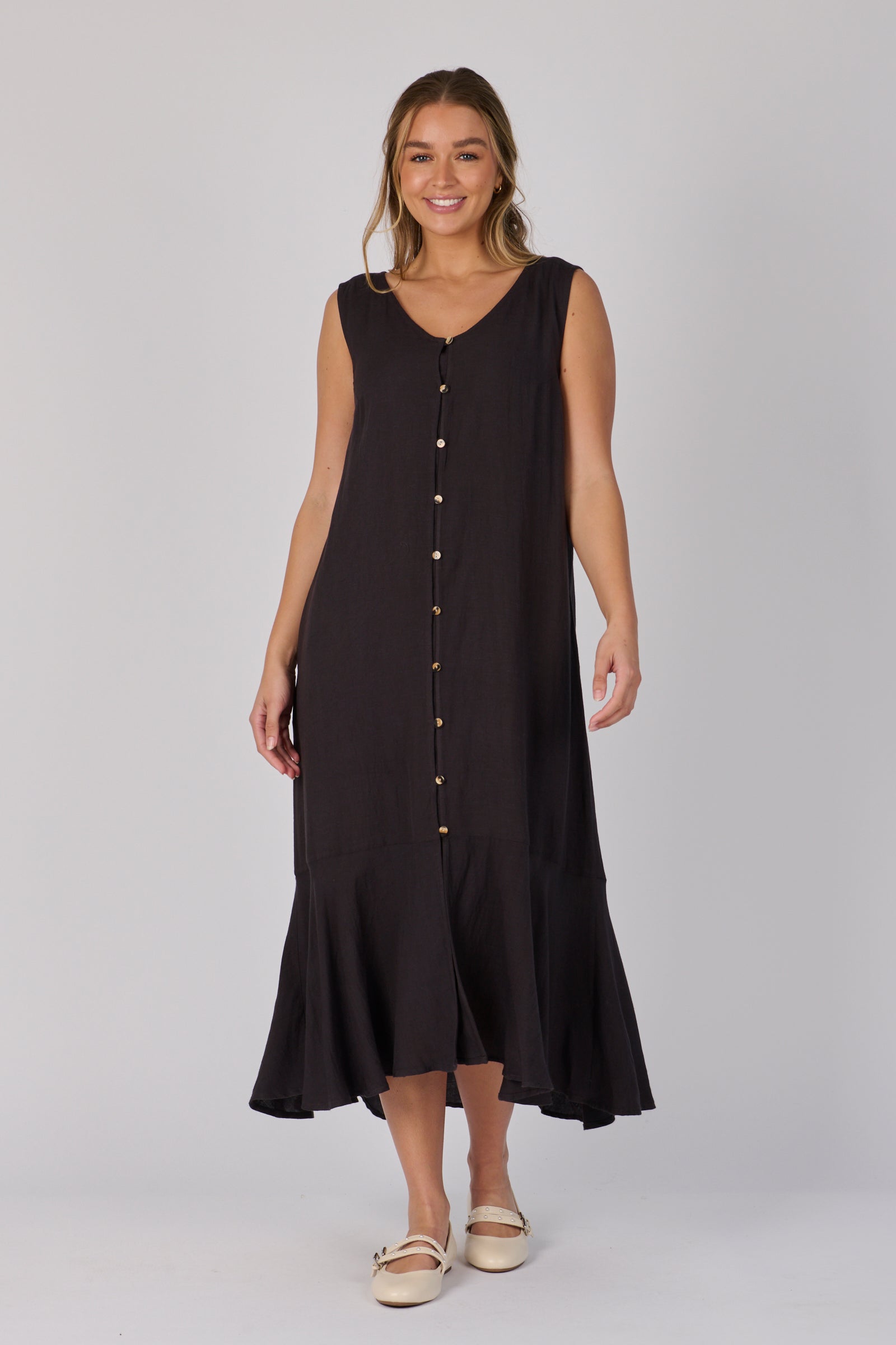 Ellis & Dewey Flounce Detail Midi Dress in Ink – linen lyocell sleeveless button-through dress with flounced hemline, designed in Geelong Australia.