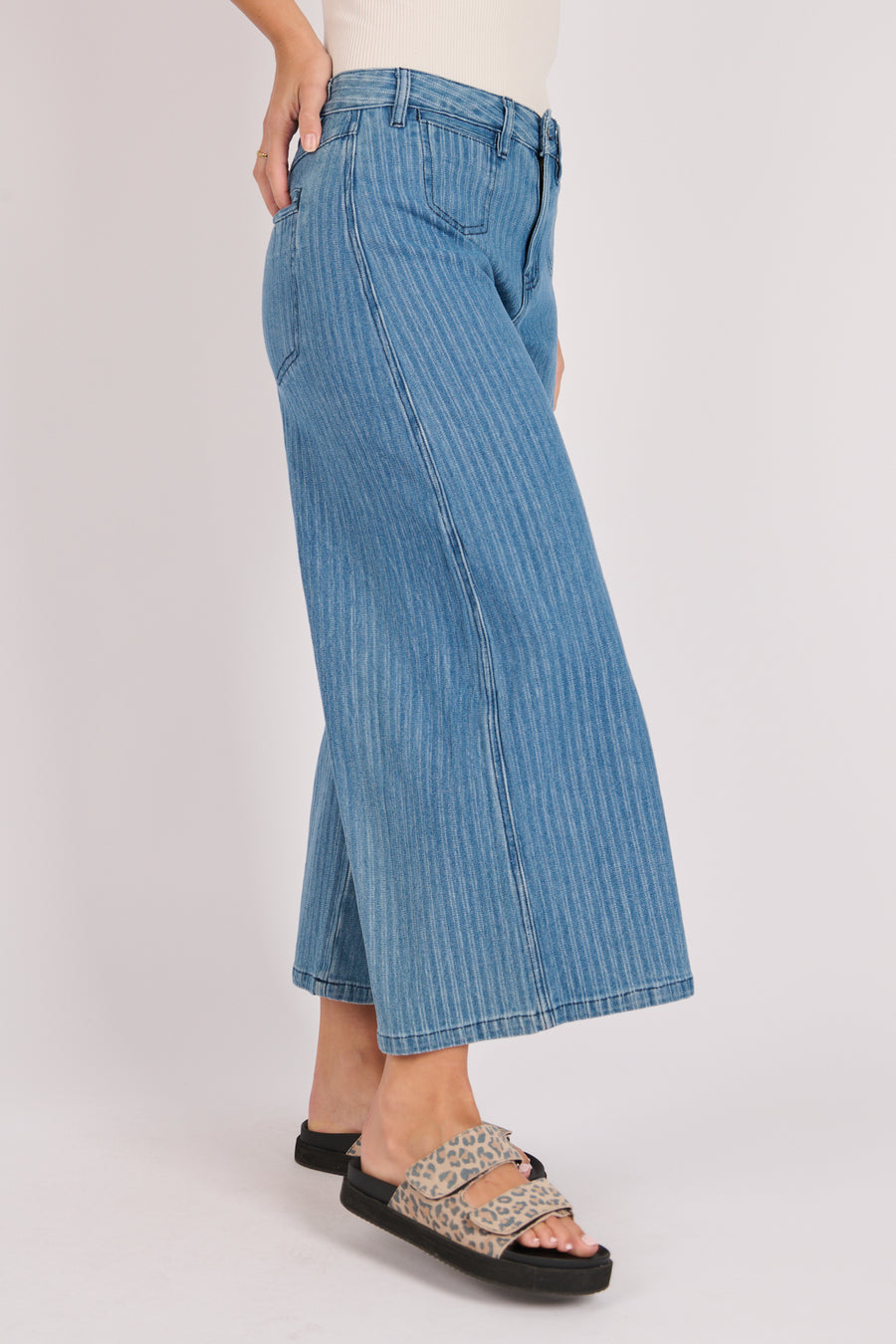 Wide Leg Crop Jeans - Blue Stripe
