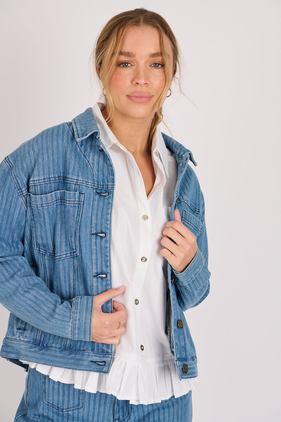 Pleat Back Denim Jacket - Blue Stripe