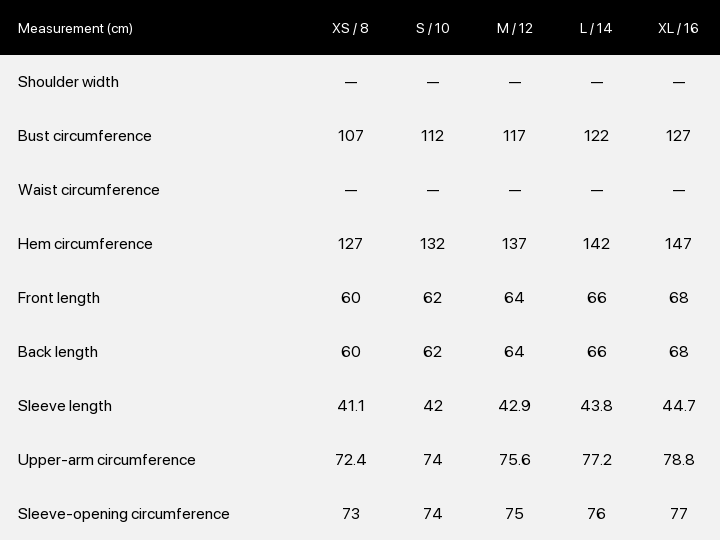 Product size chart enlarged