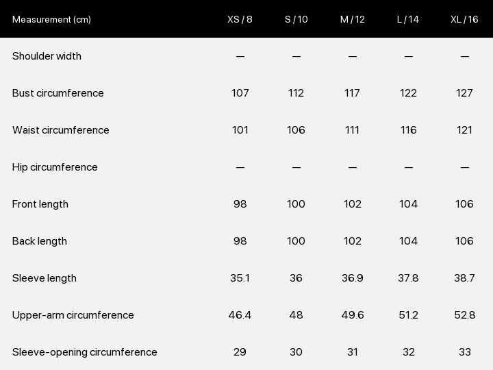 Product size chart enlarged