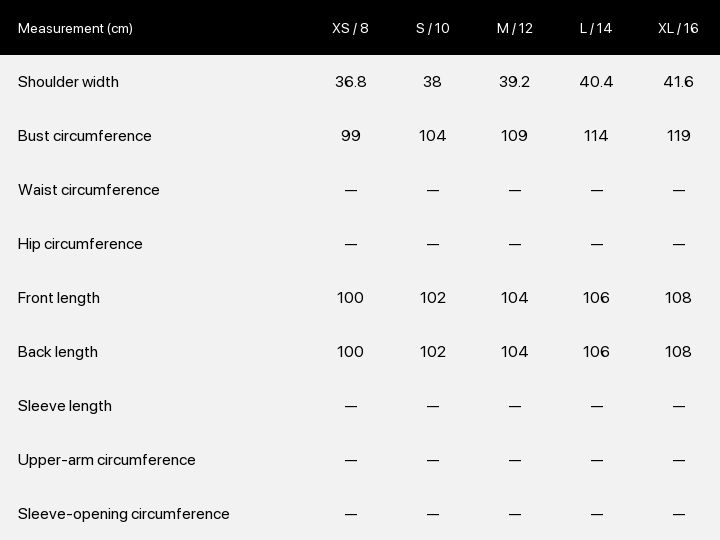 Product size chart enlarged