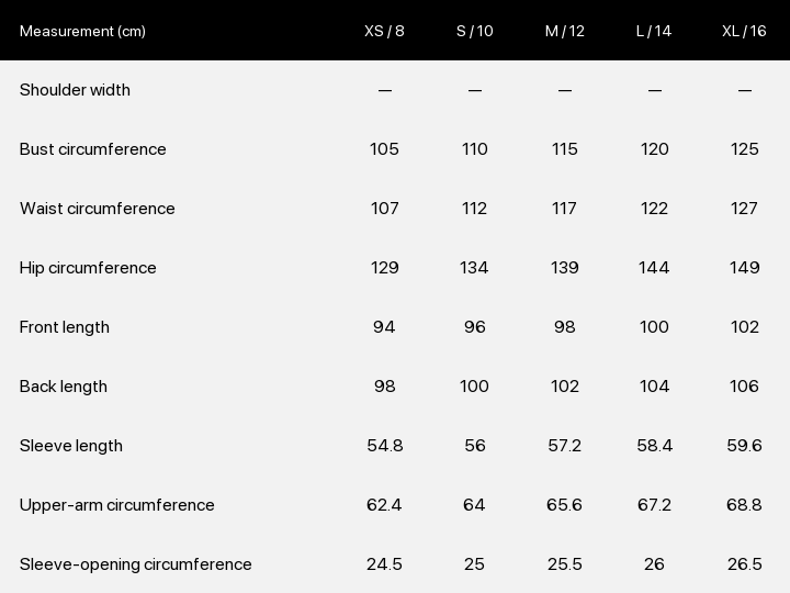 Product size chart enlarged
