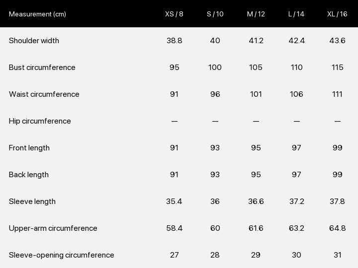 Product size chart enlarged