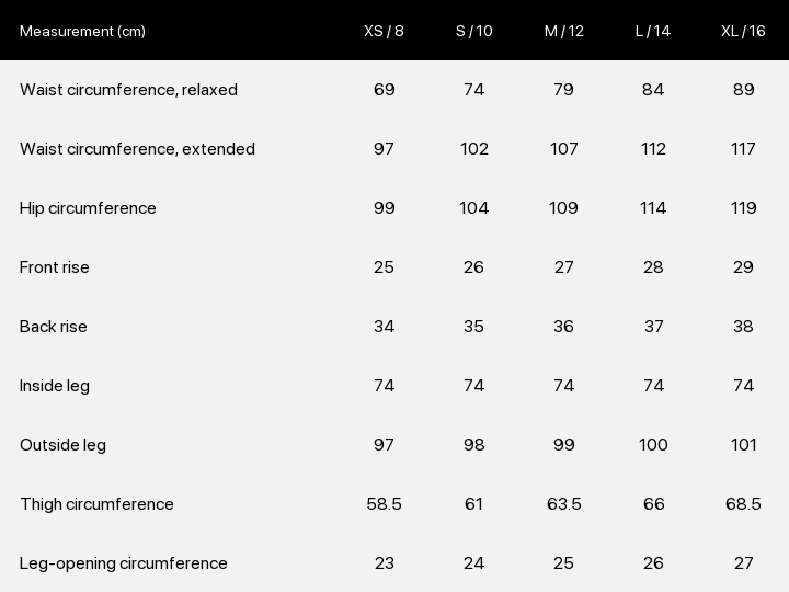 Product size chart enlarged