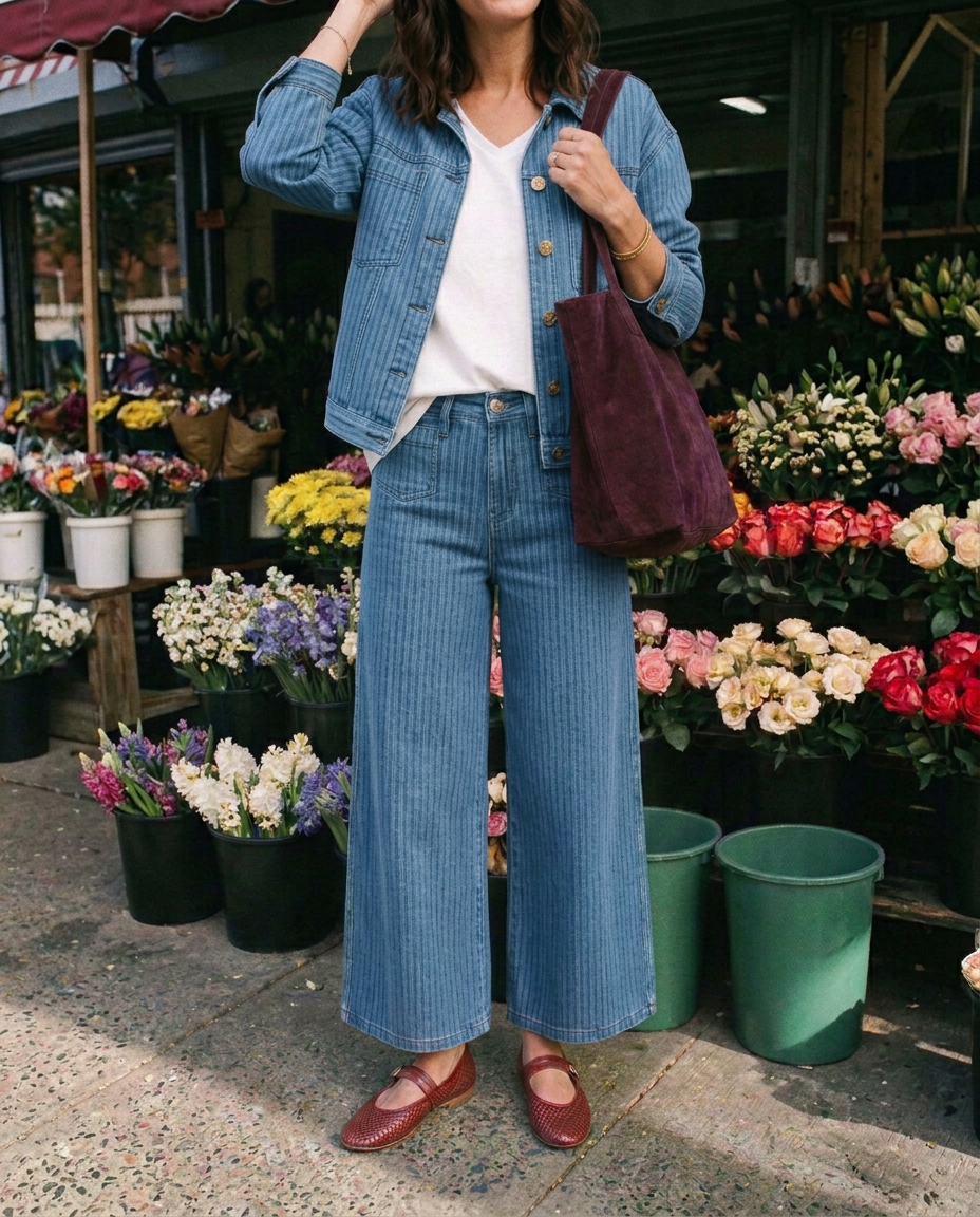 A woman stands at a flower market wearing a light blue denim jacket and matching wide-leg jeans over a white top, with burgundy flats and a dark purple tote bag.