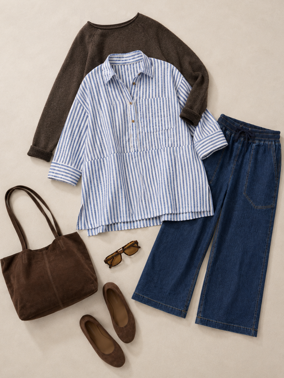 A styled flat lay of a blue and white striped button-up shirt, a dark brown crewneck sweater, blue jeans, a brown suede tote bag, brown flats, and sunglasses on a light beige background.