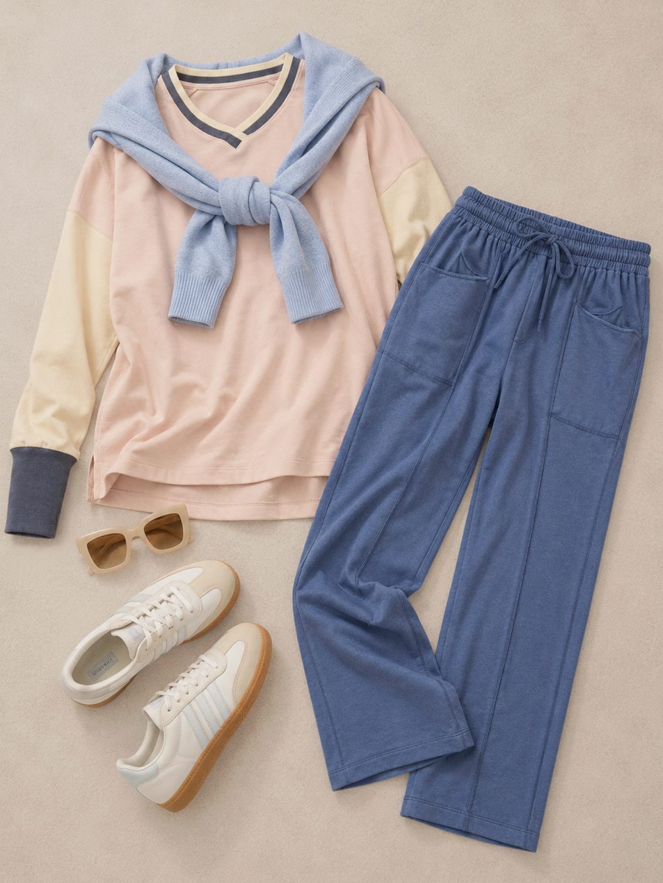 A flat-lay of a two-piece loungewear set consisting of a long-sleeve top in pastel pink, cream, and light blue with a knotted tie detail, paired with matching blue drawstring sweatpants. Styled with white sneakers and sunglasses on a neutral beige background.